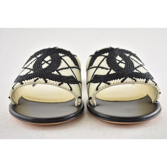 Chanel 20P Black White Pearl Embroidery CC Logo Slide Slip Sandal Mule Flat 36 - Picture 9 of 16